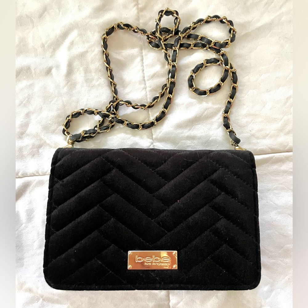 Chic black velvet crossbody bag from bebe featuring a classic quilted chevron - Picture 3 of 6